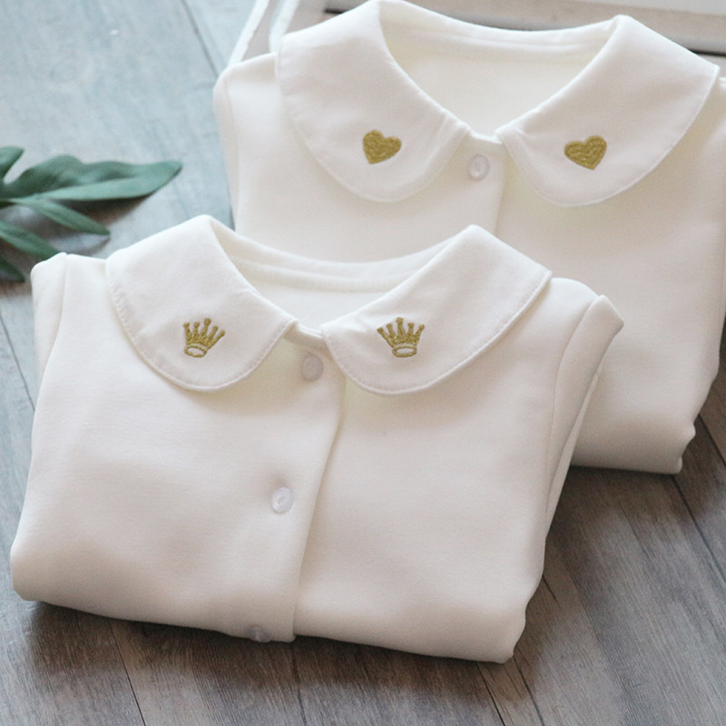 女童加绒衬衫2025秋冬款洋气白色纯棉儿童翻领刺绣打底衫保暖衬衣