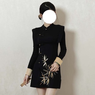 【有里布】新中式竹叶设计高级感改良旗袍连衣裙春秋季D3887