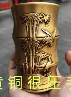 笔筒纯黄铜收纳工艺品桌面书桌办公桌仿古书房复古雕刻手工浮雕