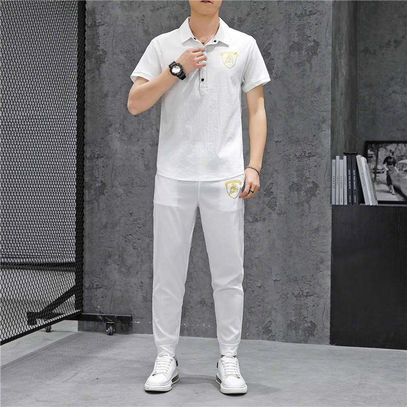 2021男士夏季新款潮牌短袖两件套青年运动立领T套装4002-5806,男装休闲套装,星座1018