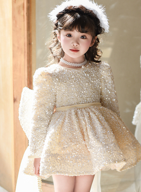 花童婚礼高端纱裙女孩公主裙富家千金生日宴晚礼服女童白色连衣裙