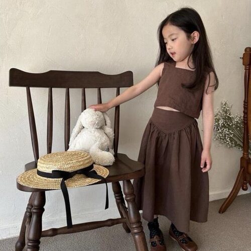 女童夏季修身棉麻套装复古长裙