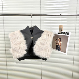 女童仿皮草兔毛马夹儿童假两件拼接一粒扣环保马甲保暖针织背心潮