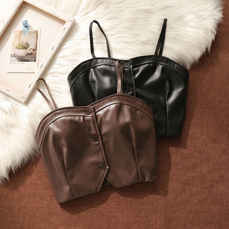 女童PU皮马甲宝宝春秋叠穿皮吊带背心儿童后背松紧单排扣