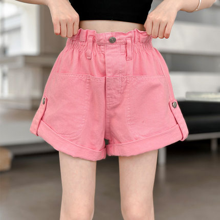 女童花苞牛仔短裤儿童外穿高腰阔腿裤小女孩夏季热裤儿童粉色裤子