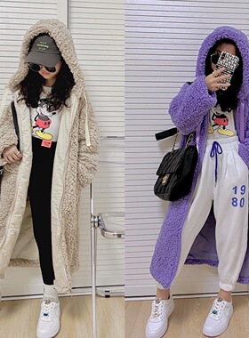 女童紫色皮毛一体连帽外套儿童长款羊羔绒大衣中大童冬季加厚棉服