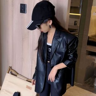 女童黑色皮衣外套儿童西装翻领机车皮夹克中大童酷飒风中长款上衣