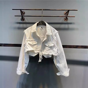 女童短款外套儿童白色洋气时髦春秋夹克衫中大童毛边高腰牛仔上衣