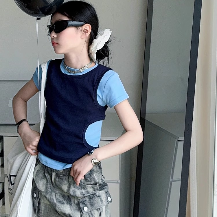 女童可拆卸叠穿t恤儿童短袖T镂空背心中大童个性修身短款上衣套装