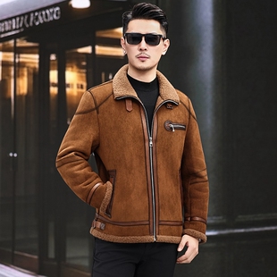 冬季男士海宁皮毛一体美式休闲外套真皮皮衣短款纯皮羊毛加厚服