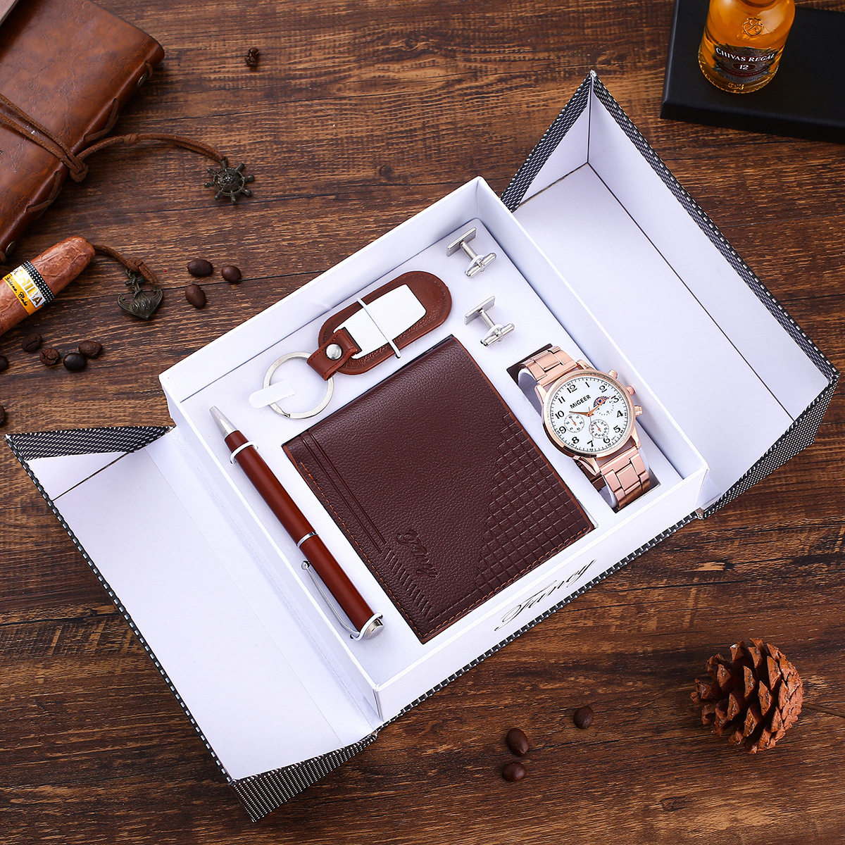 Quartz Wrist Watch Leather Wallet Gift Set for Boyfriend men