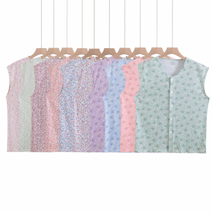 纯棉开衫砍袖女士背心无袖系扣子带衣兜全棉睡衣上衣中老年打底衫