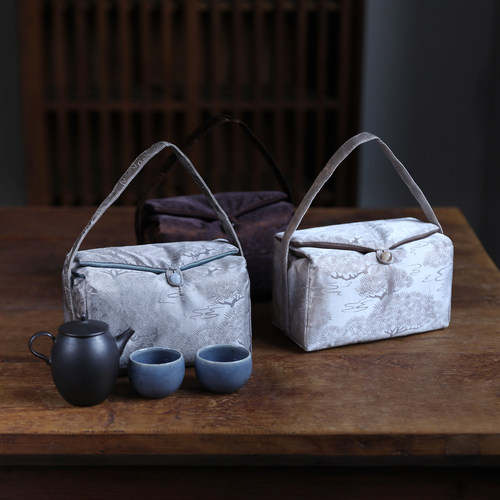 春泥加厚松枝纹提手户外旅行茶具收纳茶事包盖碗茶杯一壶两杯布包