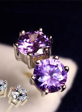 2025年新款潮防过敏耳饰紫色水晶气质个性锆石耳环六爪纯银耳钉女