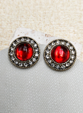 精致圆形满钻耳饰优雅红色耳钉复古洛克小巧精致时尚银针B928