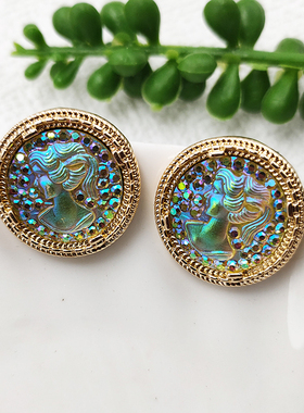 复古人鱼炫彩耳钉宫廷风渐变树脂耳坠图纹圆形耳饰无耳洞耳夹B753