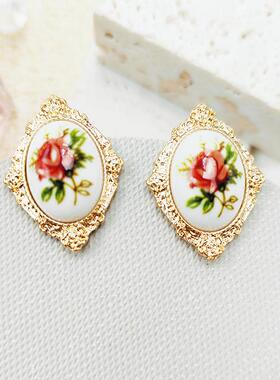 油画天然巴洛克耳环女新中式复古耳钉国风玫瑰花小众耳饰C188