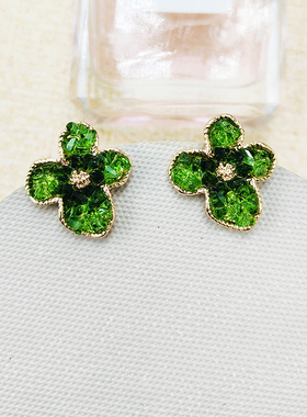 时尚新款洋气耳环绿色渐变碎石花朵耳钉银针高级感耳饰女B490