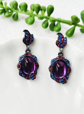 中古vintage耳饰紫色宝石镀黑金轻奢重工复古耳钉耳夹C386