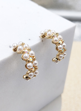 韩国东大门新款银针珍珠半圆耳环气质小巧耳钉AB彩色水钻女B818