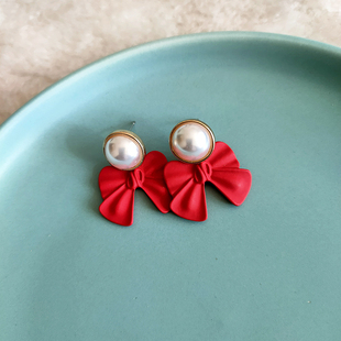 巴洛克珍珠红色蝴蝶结耳环气质女可爱复古耳钉新款潮818