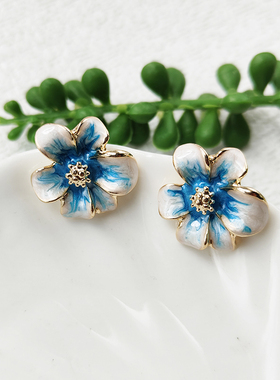 蓝色小花耳钉花朵海边度假耳环小众设计感高级气质新款耳饰女B438