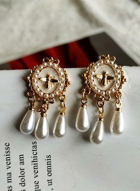 椭圆珍珠水滴流苏耳环女法式复古优雅气质小蜜蜂耳钉耳饰B351