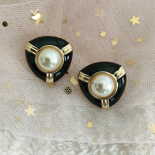 vintage自制中古风耳饰异域风情银针黑色滴油白珍珠耳钉耳夹B201