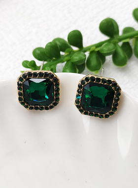 中式复古绿色玻璃耳饰轻奢小众高级感正方形银针耳钉耳夹B894