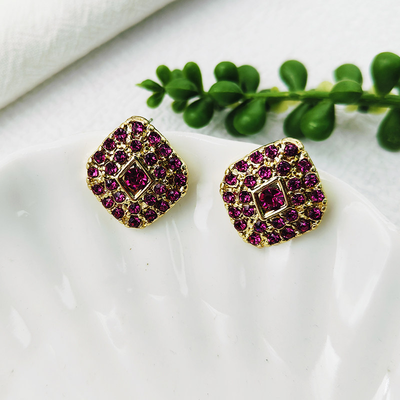 紫色水钻耳饰方形耳钉银针新款时尚设计感轻奢耳环日韩C012