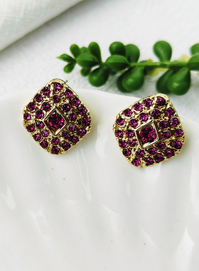 紫色水钻耳饰方形耳钉银针新款时尚设计感轻奢耳环日韩C012