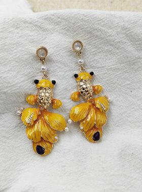 新中式年年有余锦鲤耳钉复古潮黄色金鱼耳坠 设计感镶钻耳饰C257