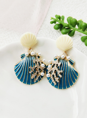 超闪镶钻珍珠耳饰贝壳造型吊坠耳环海边度假风耳钉耳坠轻奢C461