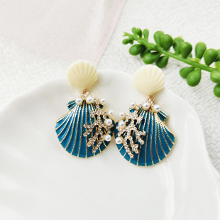 超闪镶钻珍珠耳饰贝壳造型吊坠耳环海边度假风耳钉耳坠轻奢C461