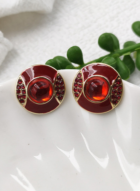 小众轻奢复古耳环女潮时尚高级感简约银针耳钉红色滴油耳饰B889
