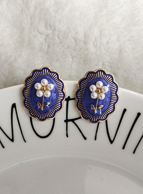 中国风简约大气耳环紫色珐琅滴油油画风耳饰花朵个性椭圆耳钉B440