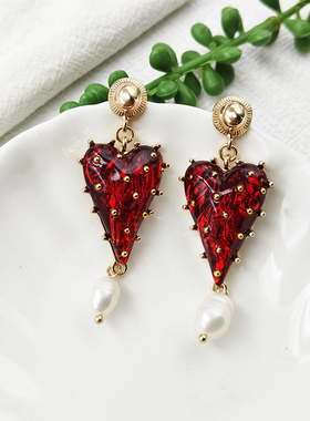 大款法式复古耳饰珍珠红色爱心果冻琉璃耳环耳饰C321