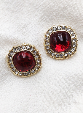 欧美树脂水钻耳钉几何立体红色宝石正方形青岛耳饰复古女B774