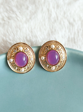 法式复古欧洲宫廷古董椭圆镶钻白色珍珠紫色宝石银针耳环耳夹479