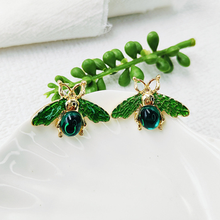 中式复古耳饰绿色蜜蜂小动物造型银针可爱时尚个性耳钉耳夹C081