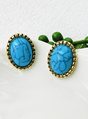 vitage复古耳饰蓝色椭圆形彩宝色耳夹无耳洞耳环耳钉女C037