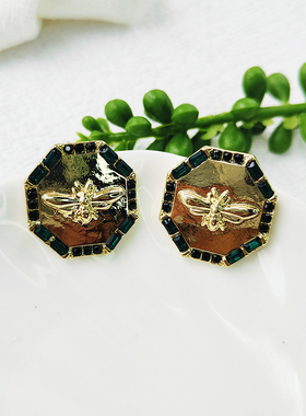 法式小香风耳饰小蜜蜂新款耳钉绿色圆形银针耳环高级感C061