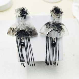 复古民族风耳饰扇形花朵耳环女轻奢水墨风新中式 配旗袍耳钉C492