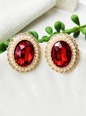 时尚简约珍珠耳钉几何圆形红色宝石耳环个性百搭耳饰品C316