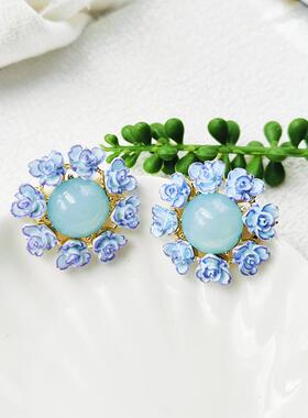 法式蓝色氛围感耳环女端庄典雅气质花朵耳钉轻奢小众高级C202