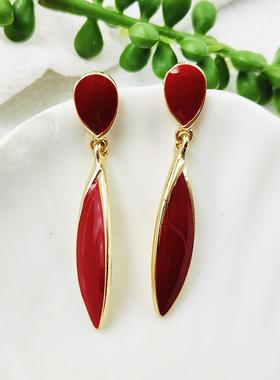 显瘦百搭耳饰珐琅釉水滴红色长耳环新款高级感耳坠复古气质C183
