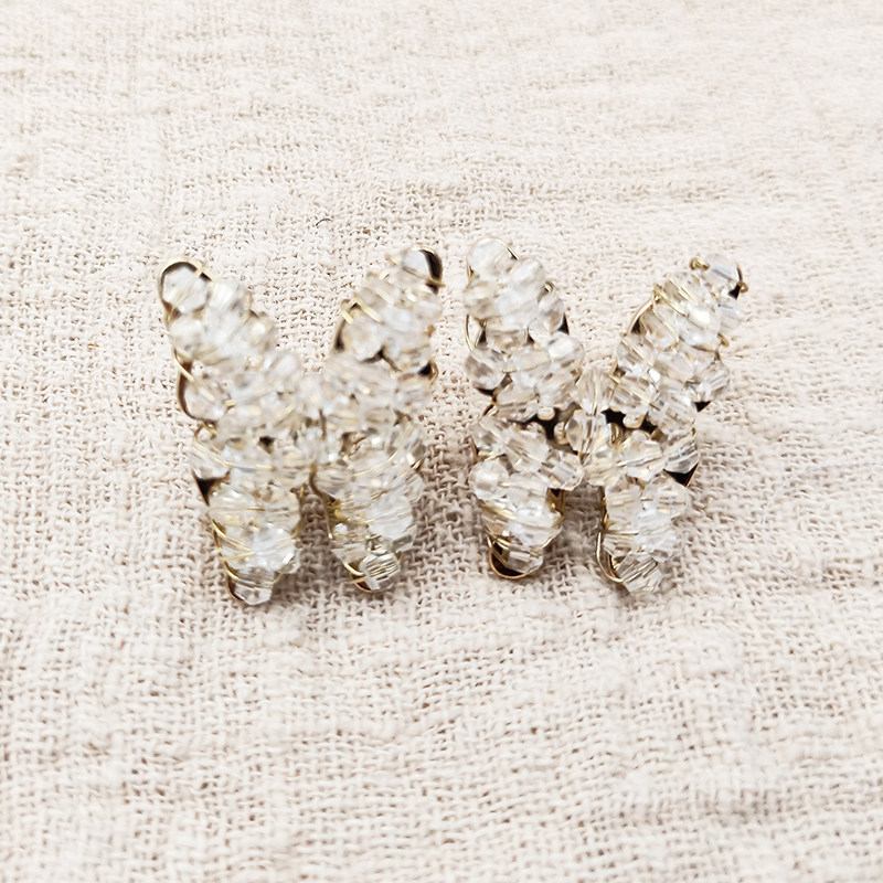 小众复古法式手工编织耳针款铜丝串串珠蝴蝶耳环气质个性285