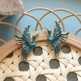 蓝色仙鹤耳饰国风手工珐琅滴油银针复古高雅配旗袍汉服941