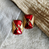Vintage西洋古董中古首饰欧美宫廷复古红色珐琅独特耳钉耳夹B340