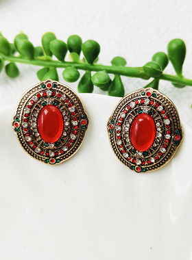 青岛中古耳饰复古宫廷重工红色宝石耳钉中古银针高级感时尚C245